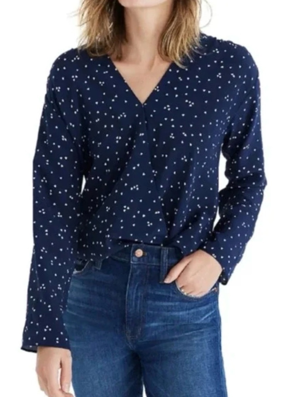 Madewell Silk Navy Heart Print Wrap Blouse V-Neck Long Sleeve XS